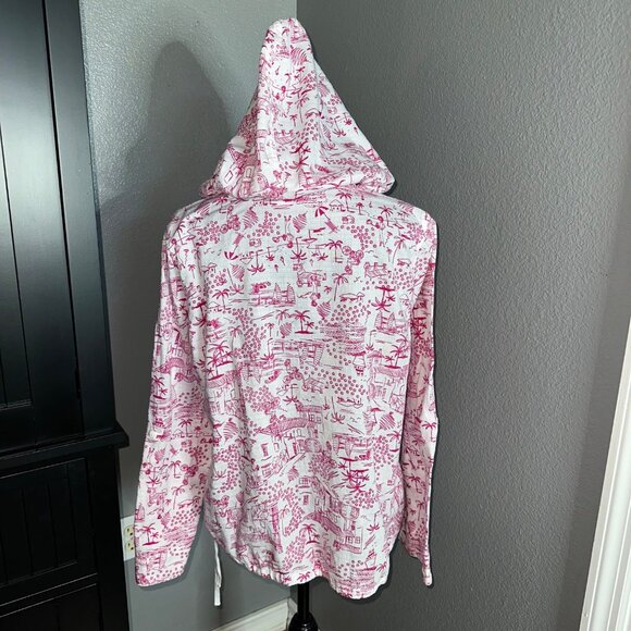 Christopher & Banks Hooded Top Size M Pullover Pink White Scenic Print Vacation - Picture 7 of 9
